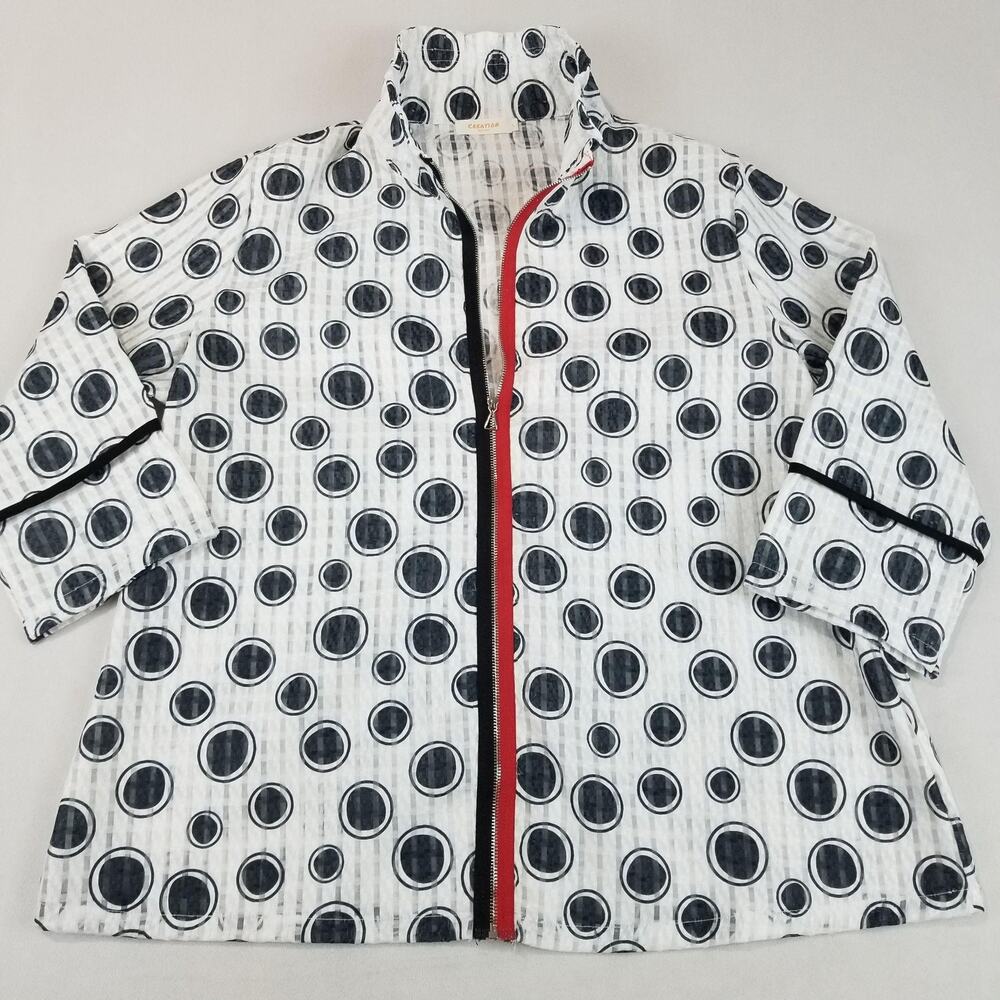 Creation Jacket Women Large Black White Sheer Art to Wear Zip Wire Collar